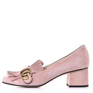 Gucci GG Kiltie Fringe Mid Heel Crystal Pink Suede w/ Gold Pump Women's 38.5